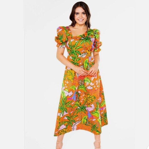 Alden Adair Dresses & Skirts - Gold Asymmetrical Ruffled Sundress with Puff Sleeves